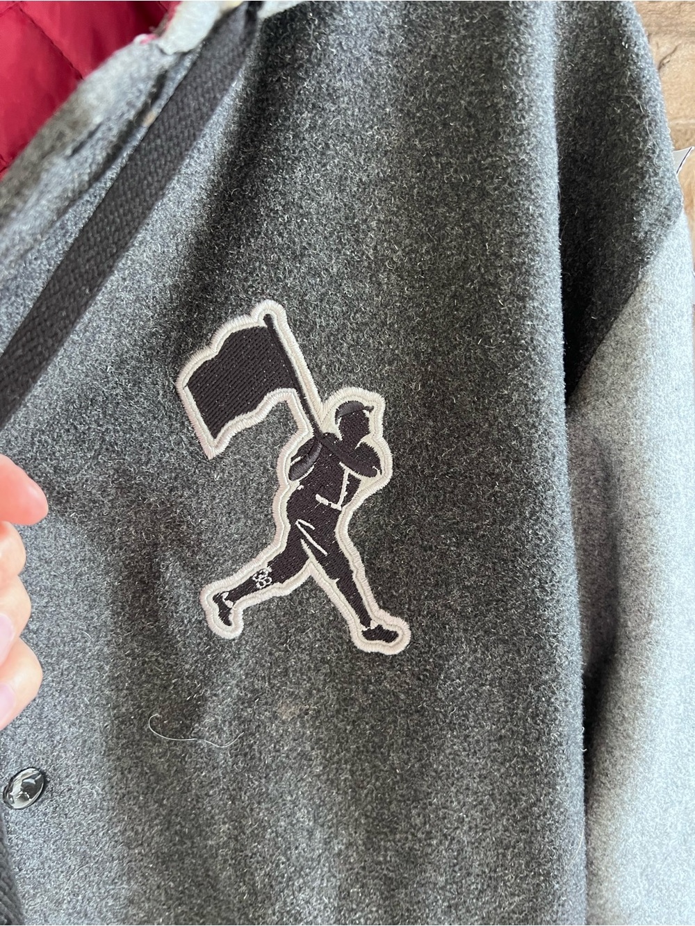 Gray Baseballism Hooded Varsity Jacket with Red Lining Medium - Picture 4 of 9